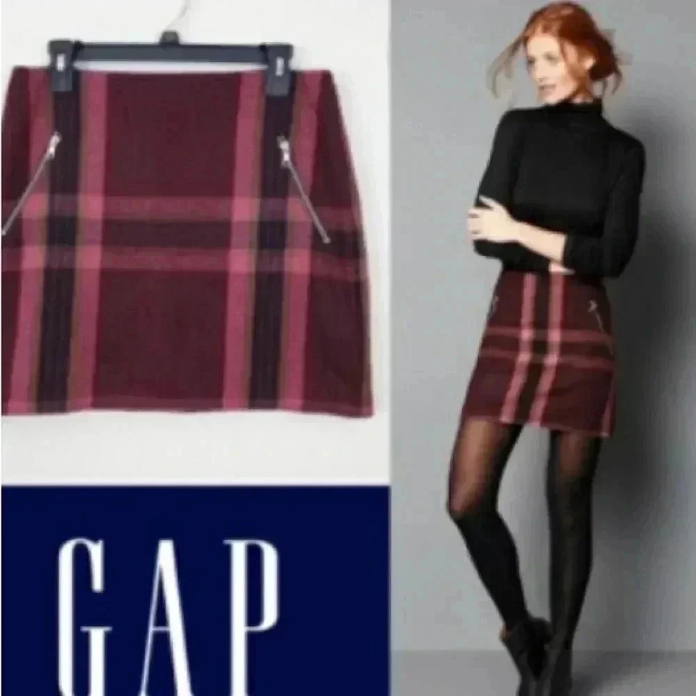 Gap wool mini skirt fall a- line front zippers womens size 2 red gold black